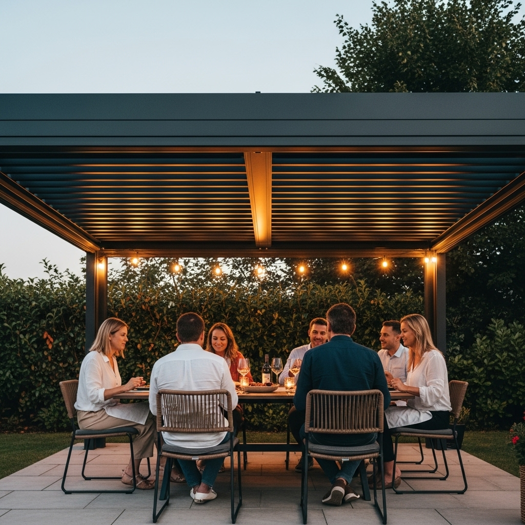 Group of people dining outdoors under a modern pergola with string lights