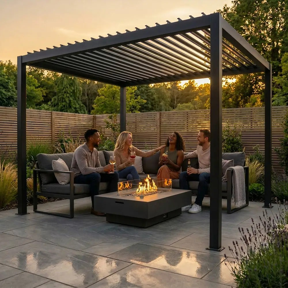 Black freestanding garden pergola with fire pit